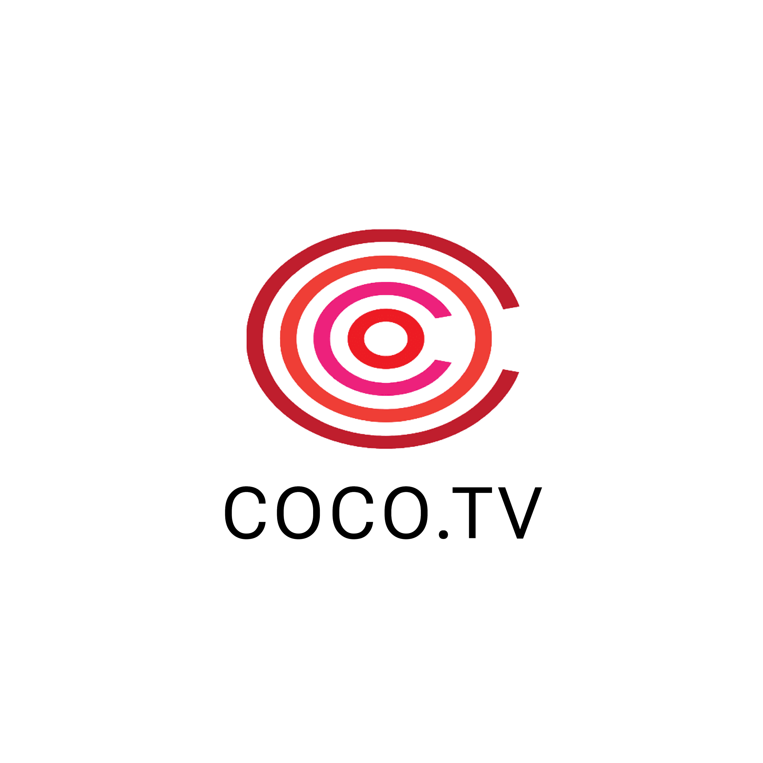 Logo de Coco TV avec des cercles roses et rouges et le texte en noir et blanc.
