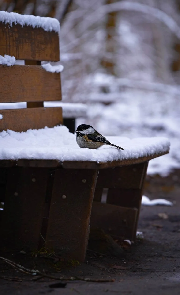 Un petit oiseau sur un banc en bois recouvert de neige, dans un environnement enneigé et froid.
