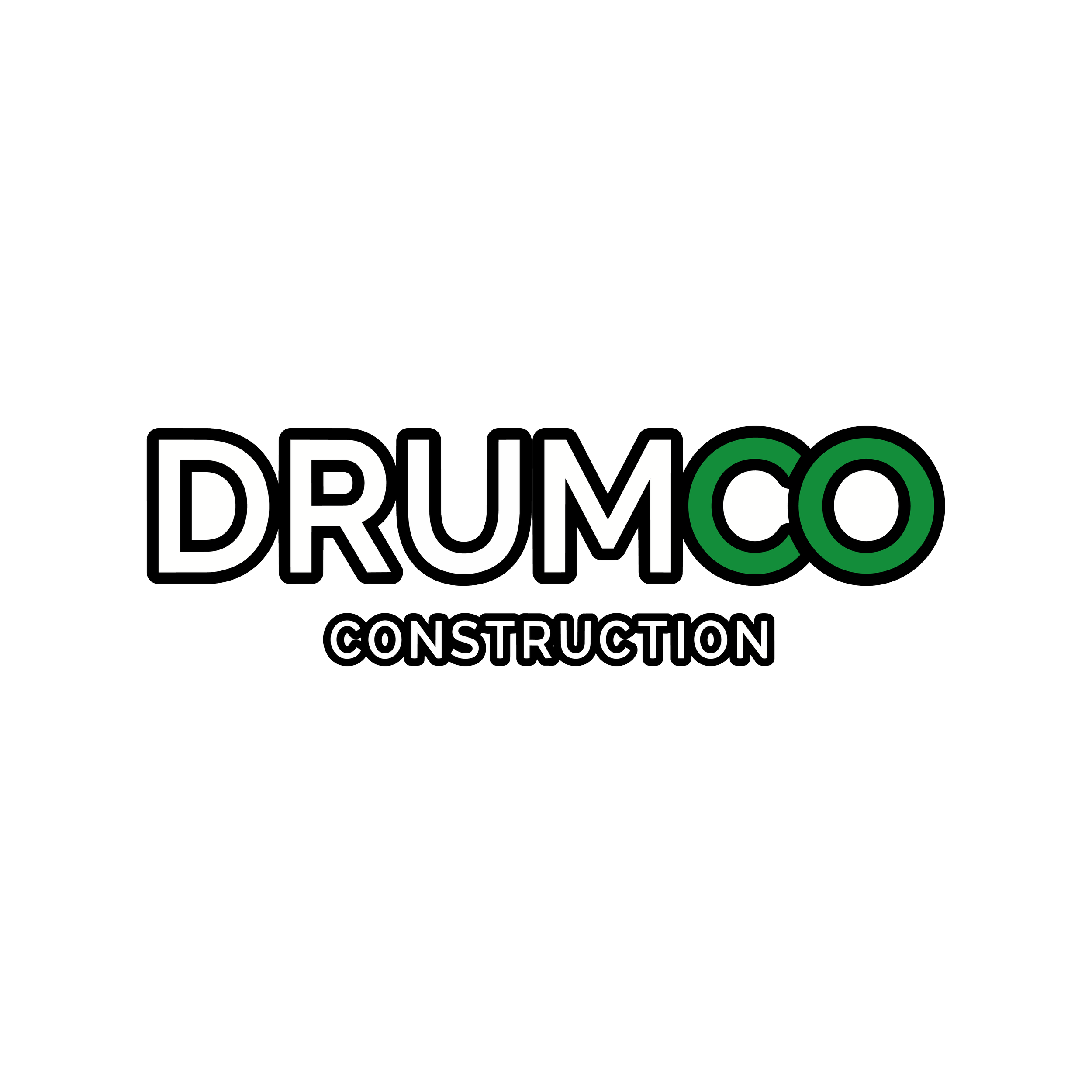 Logo de la société Drumocco, spécialiste en construction, avec le nom en lettres majuscules noires, le mot 'CO' en vert, sur fond noir.