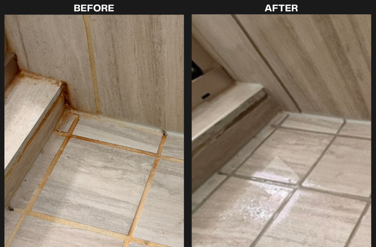 The Fock Cleaning service effect. It shows the dirty shower floor on the left and the same shower after Fock Cleaning's Move Out Clean in Lakeway Texas