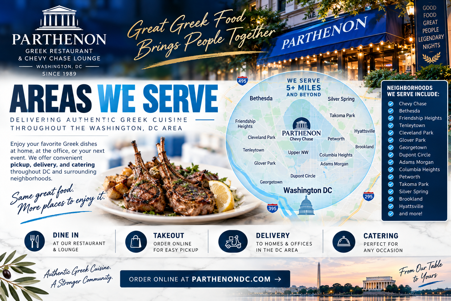 Map of Washington, DC area indicating Greek restaurant delivery zones, with images of Greek food, restaurant exterior, and cityscape at sunset.