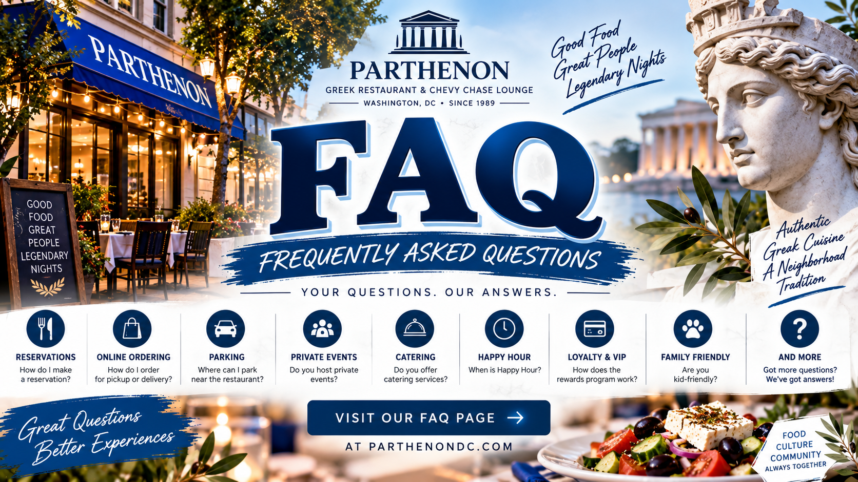 An outdoor restaurant scene with tables set for dining, string lights, and a blue awning with the word 'Parthenon.' A sign on the sidewalk displays 'Good Food Great People Legendary Nights.' The background features a classical Greek statue and an ancient Greek-style building, with a sunset sky.