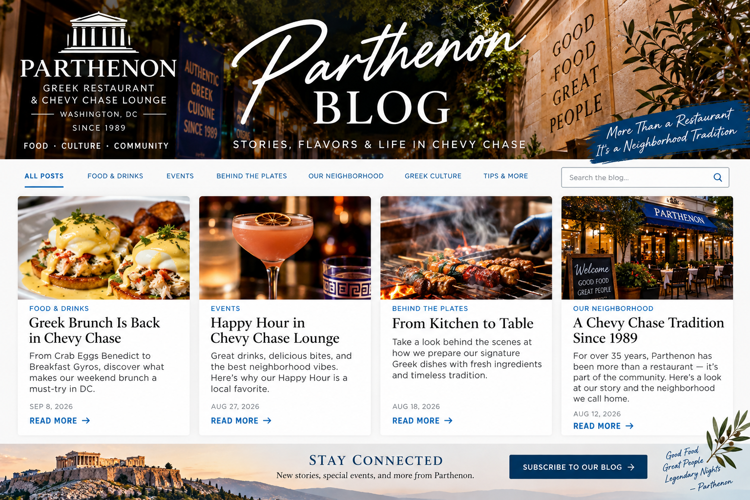 Screenshot of Parthenon Greek Restaurant & Chevy Chase Lounge blog homepage featuring header with restaurant name, and images of food, drinks, outdoor dining area, and Greek culture elements with article titles about brunch, happy hour, behind the kitchen scenes, and neighborhood history.