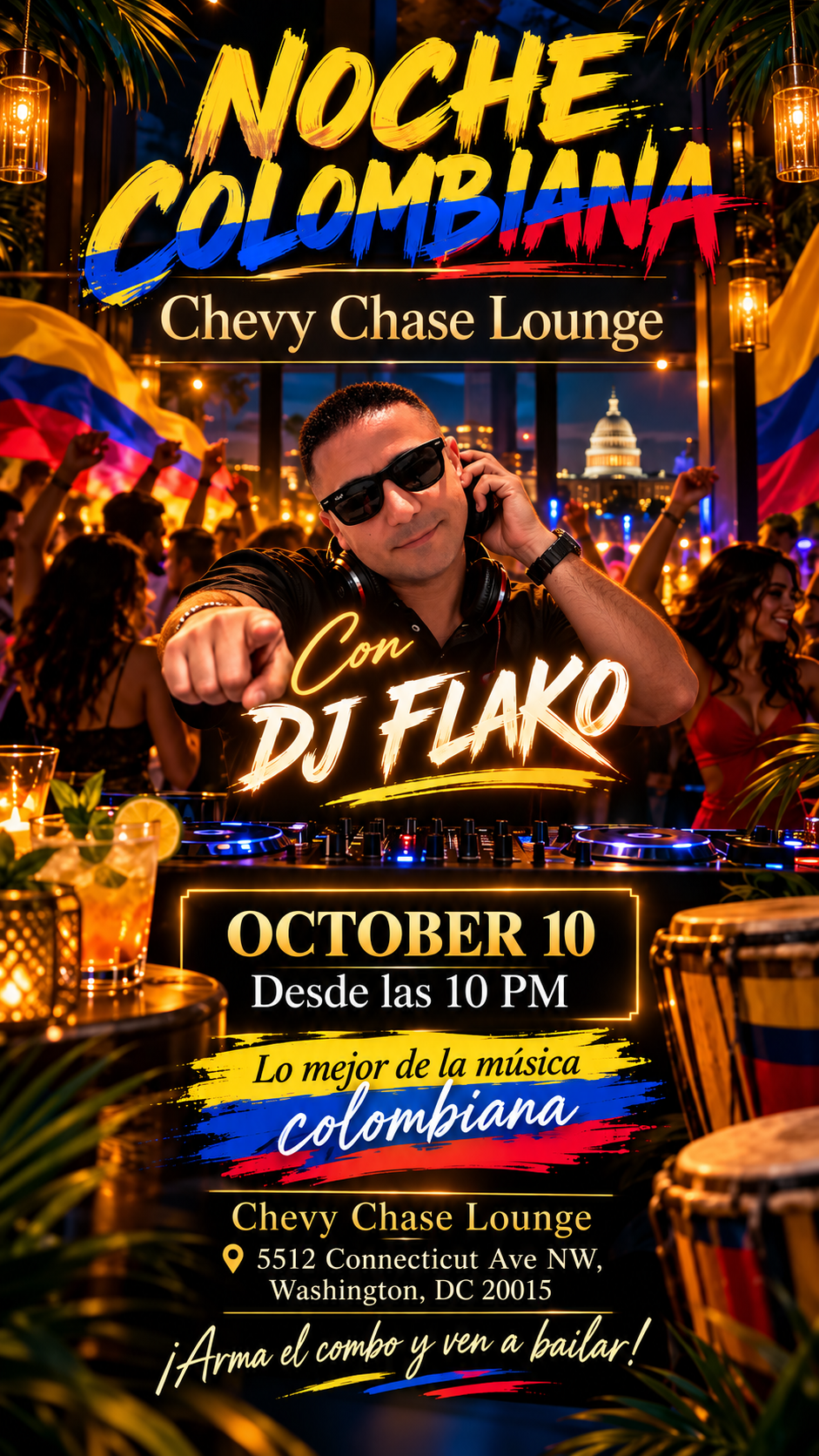 DJ FLAKO performing at Noche Colombiana at Chevy Chase Lounge in Washington DC on October 10.