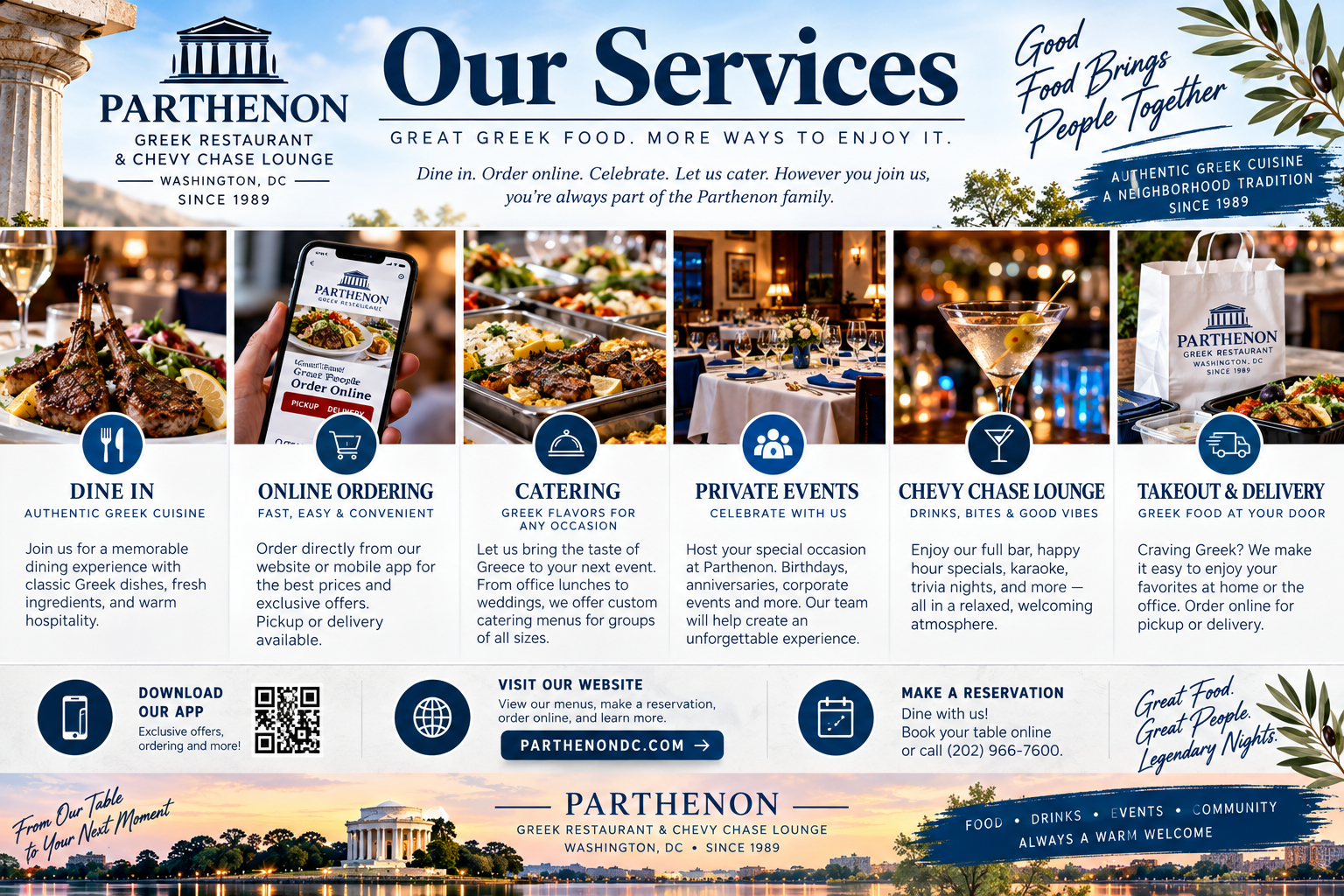Flyer for Parthenon Greek Restaurant and Chevy Chase Lounge in Washington, DC, highlighting dining, online ordering, catering, private events, lounge drinks, and takeout/delivery services with images of food, drinks, and the restaurant interior, along with contact info and website.