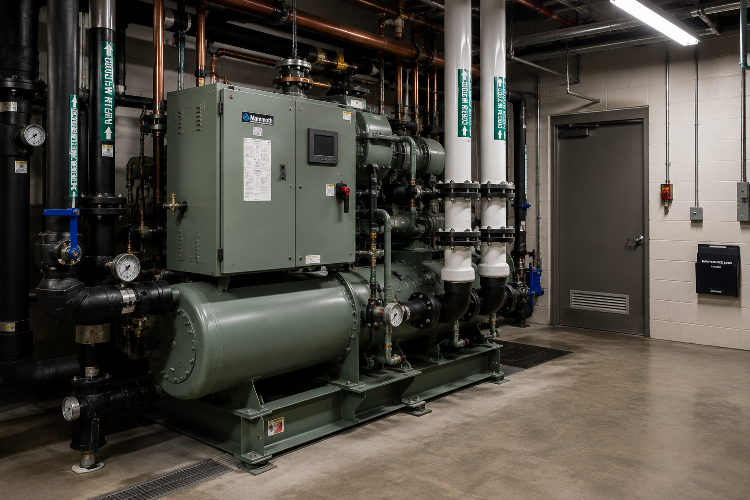 Industrial mechanical room with large green equipment, pipes, gauges, valves, and a door on a concrete floor.