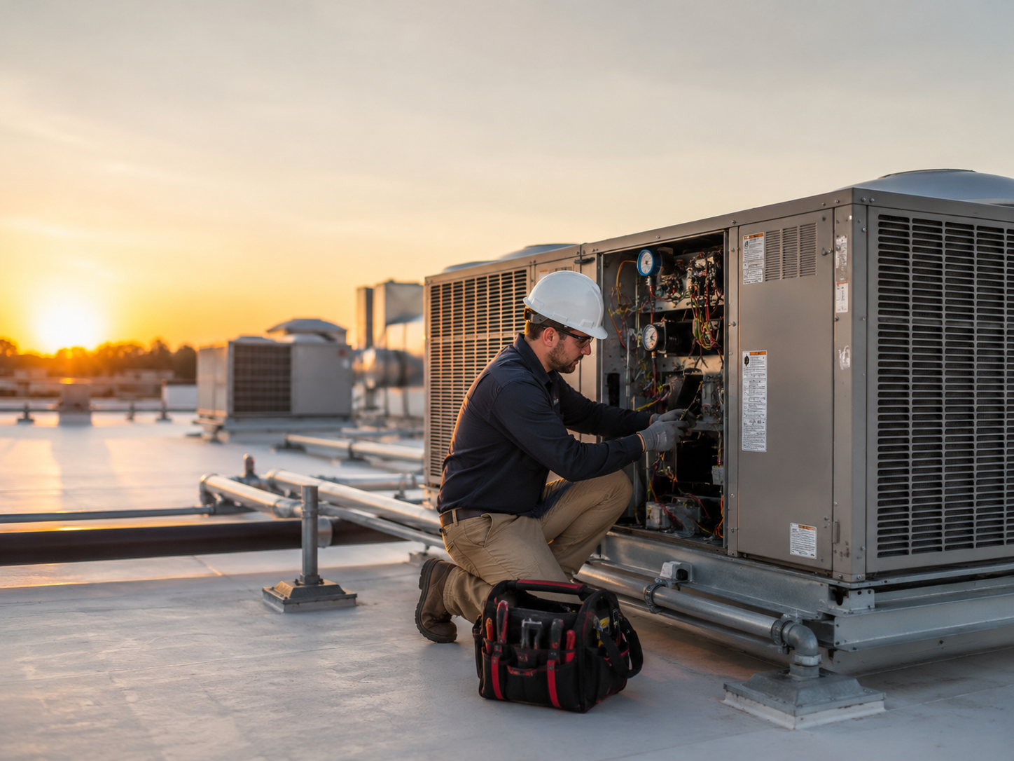 Technician in safety gear working on rooftop HVAC unit at sunset, with tools and toolbox nearby.