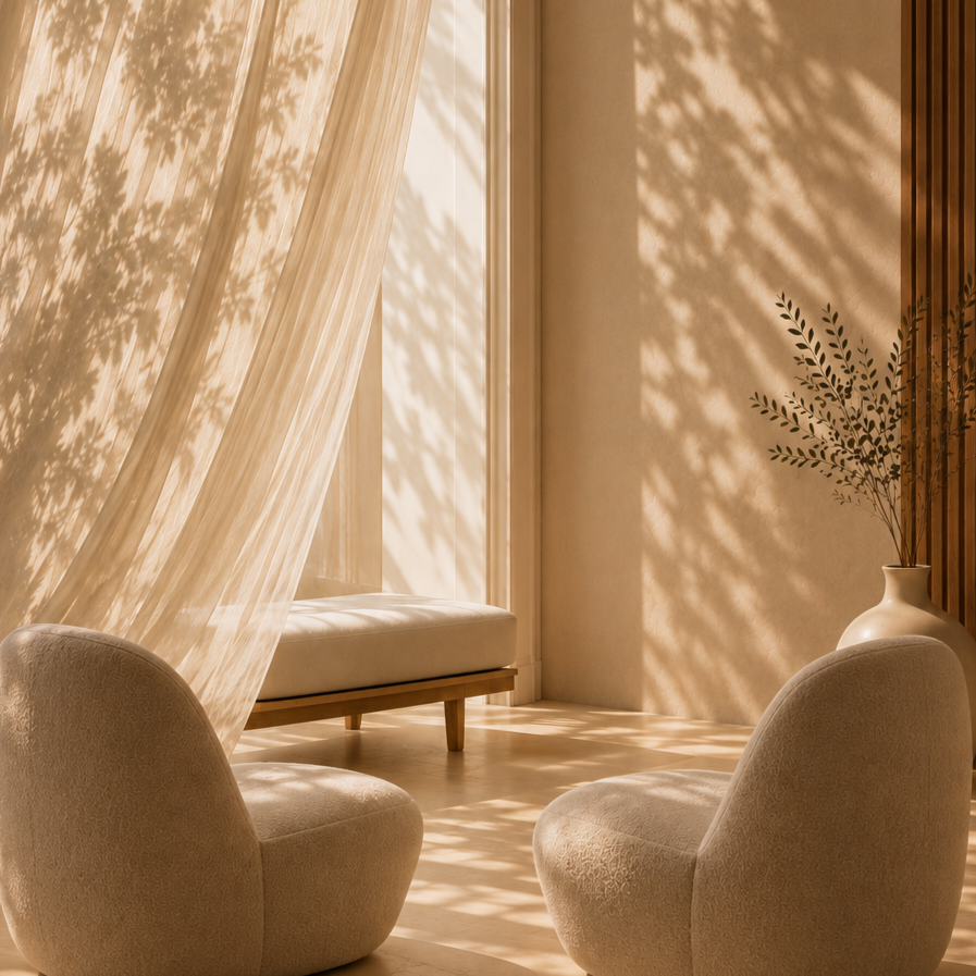 A minimalistic room with two beige rounded chairs, a white cushioned bench beneath a window with sheer curtains, and a large white vase with green foliage, all illuminated by warm sunlight casting shadows.