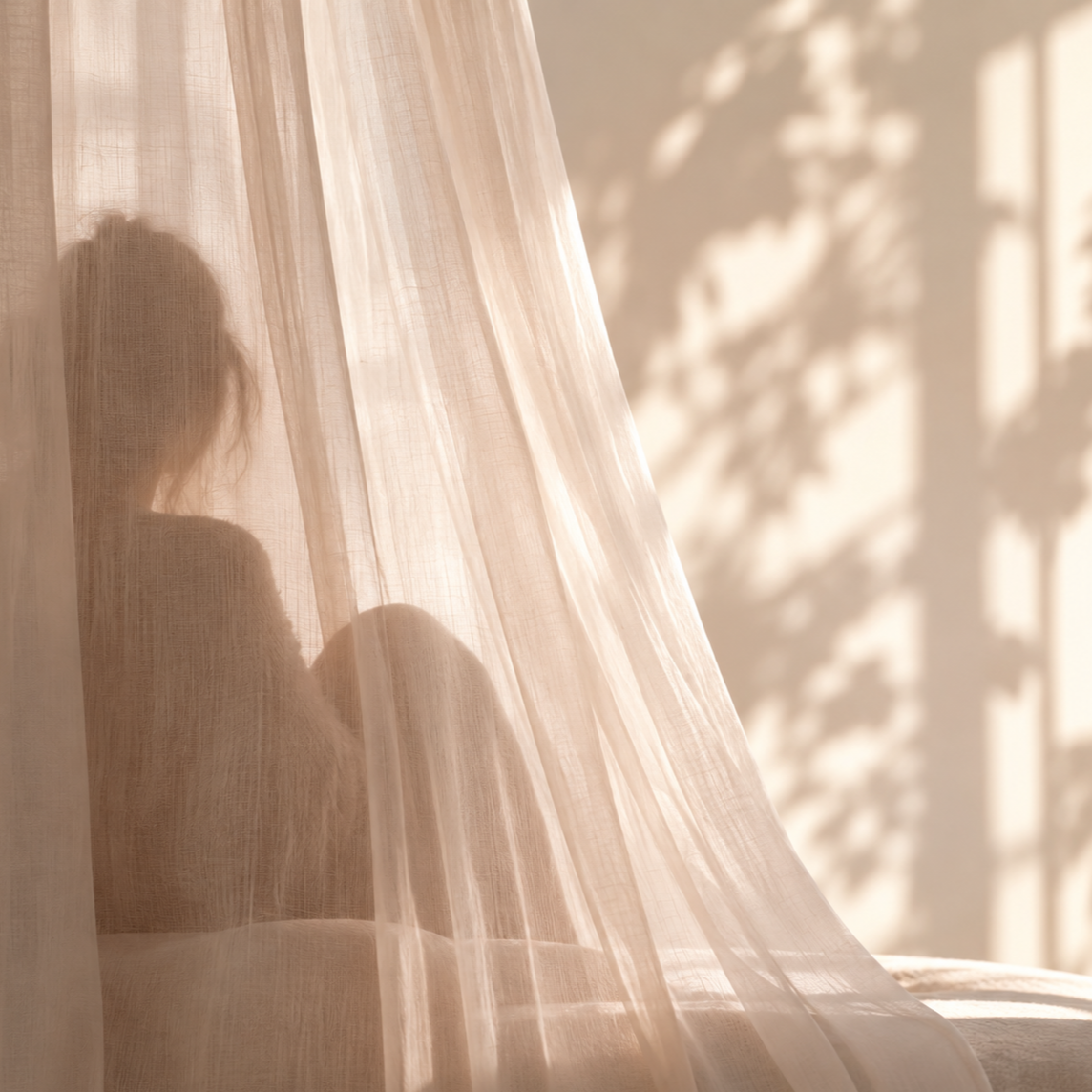 Silhouette of a person sitting behind a sheer curtain with sunlight casting shadows on the wall.