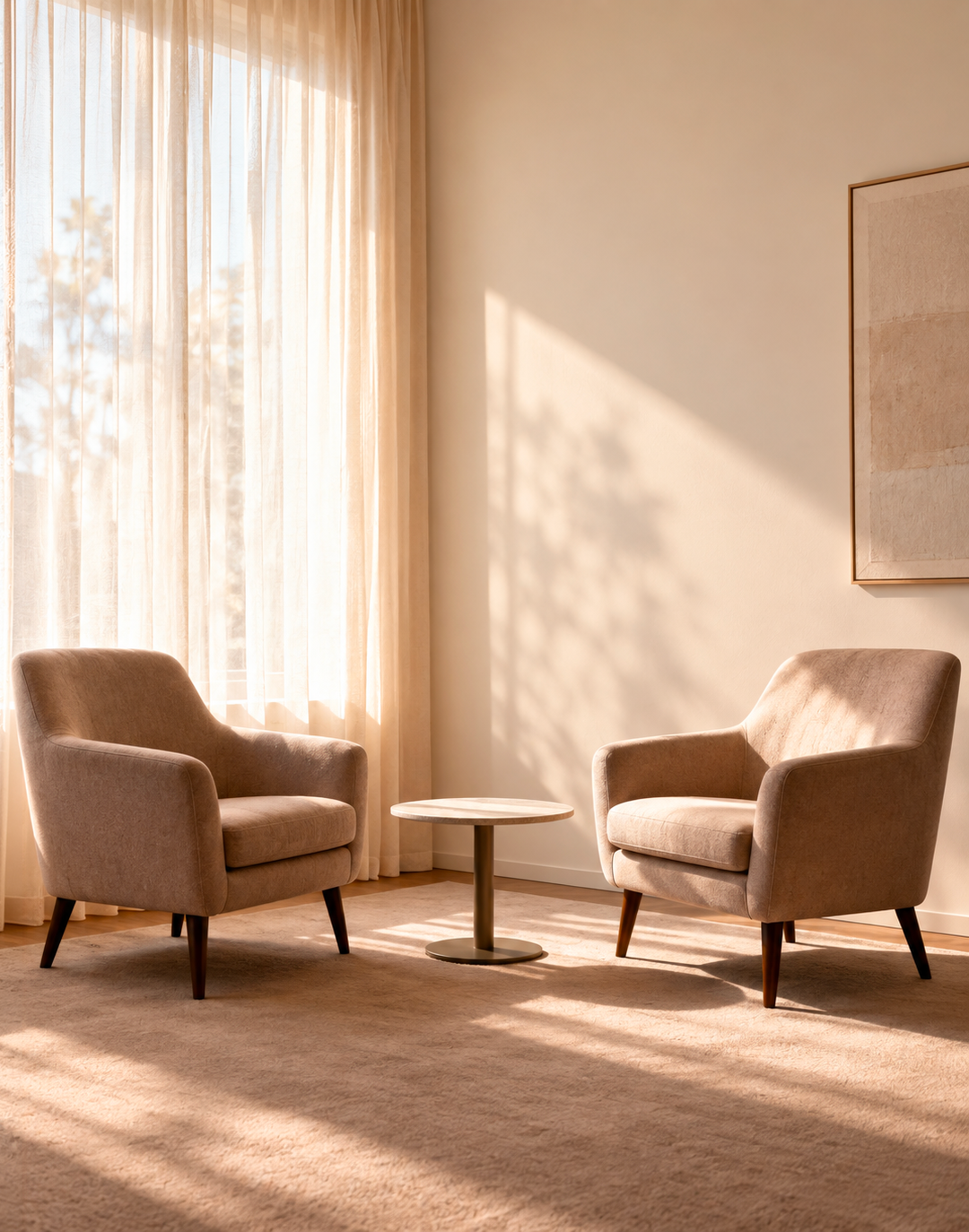 Two beige armchairs with wooden legs facing each other with a small round table in between, in a room with beige carpet and a large window with sheer curtains allowing sunlight to create shadows on the wall.
