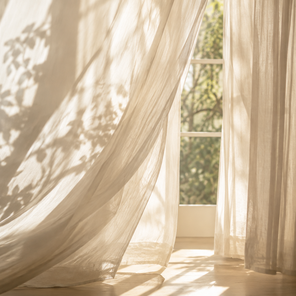 Sunlight filters through sheer curtains in a bright room, casting shadows of leaves on the wall.