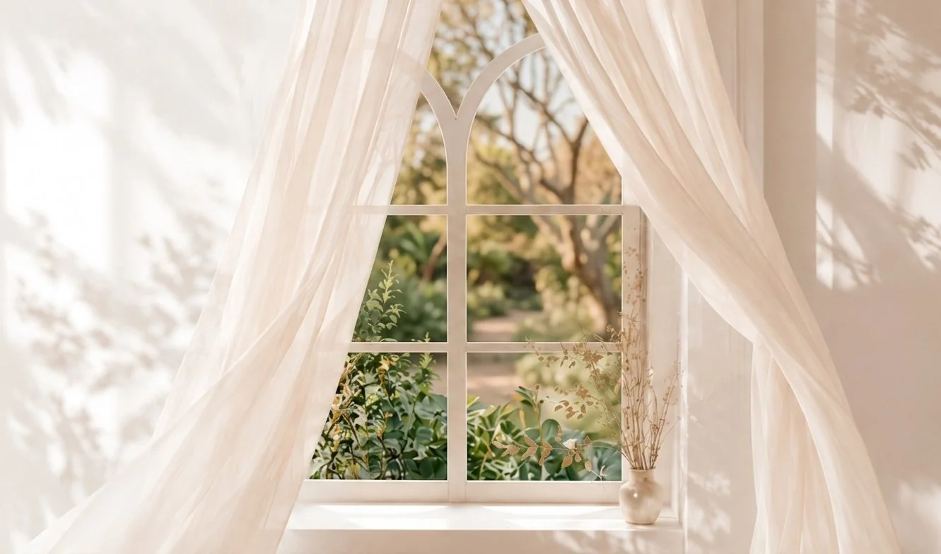 A view of a window with sheer white curtains drawn to the sides, with a vase containing dried branches placed on the windowsill, and greenery and trees visible outside
