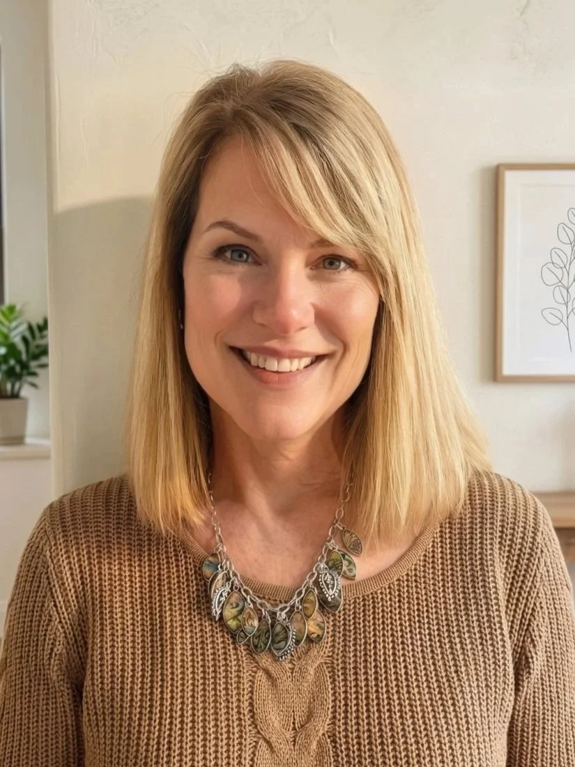 A smiling woman with blonde hair, wearing a brown sweater and a statement necklace, standing indoors with framed wall art and a plant in the background.