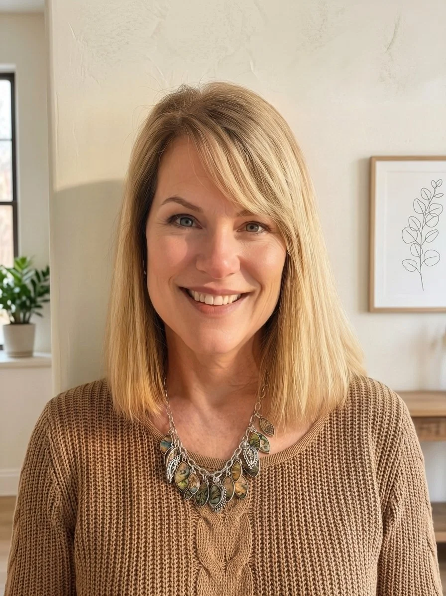 A woman with blonde hair and blue eyes smiling indoors, wearing a brown knit sweater and a statement necklace, with minimalist art and a plant visible in the background.
