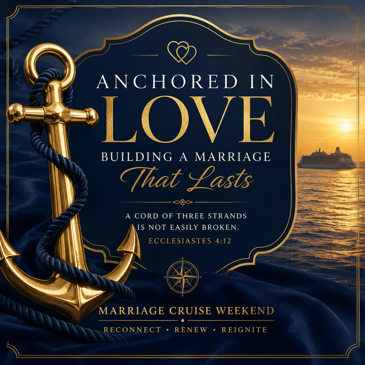Poster for a marriage cruise weekend with a nautical theme, featuring a large gold anchor wrapped in navy rope, a sunset over the ocean with a cruise ship in the distance, and the text: 'Anchored in Love, Building a Marriage That Lasts, A cord of three strands is not easily broken. Ecclesiastes 4:12.' The background includes navy fabric and gold accents.