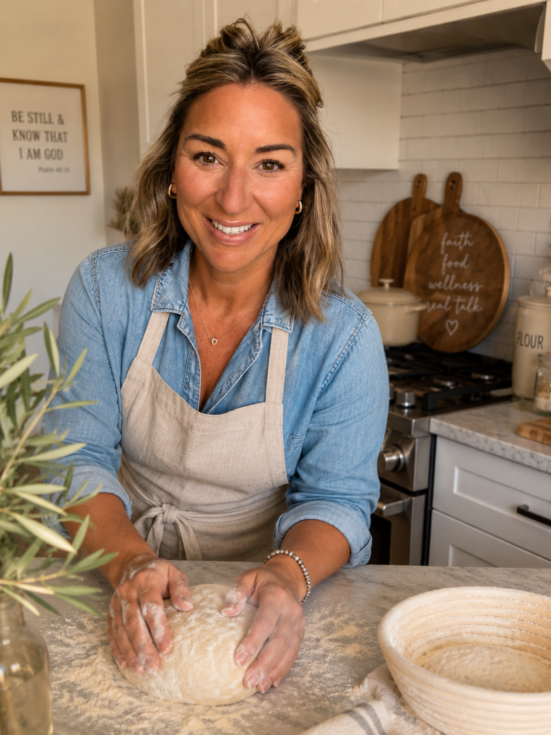 Woman with wavy hair smiling in a kitchen, kneading dough on a floured surface, wearing a denim shirt and beige apron.