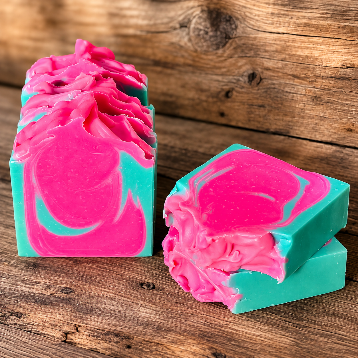Colorful handmade soap bars with swirled pink and blue patterns, placed on a rustic wooden surface with a wooden background.