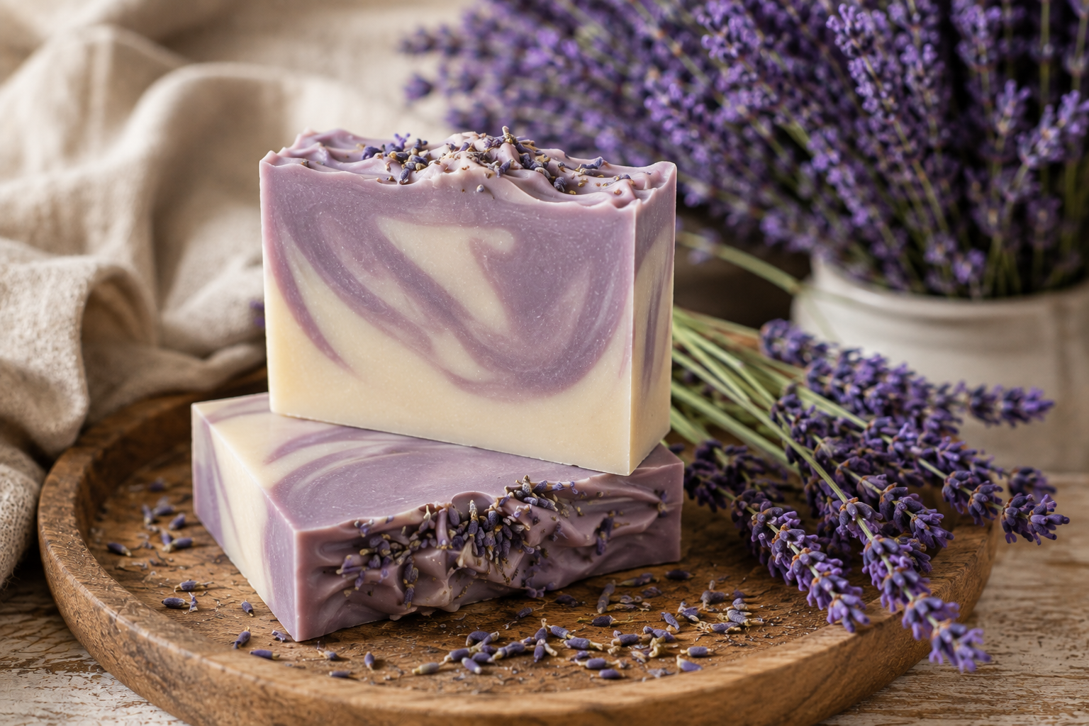 Two bars of handmade soap with purple and white swirls, decorated with lavender buds, on a wooden plate surrounded by sprigs of fresh lavender flowers.