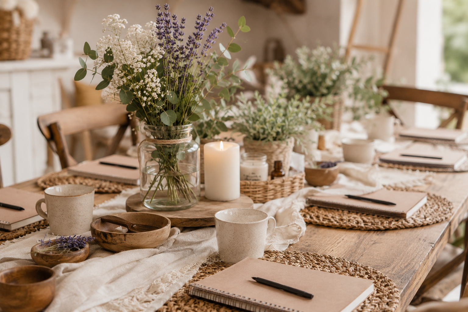 A rustic dining table decorated with vases of lavender and white flowers, candles, bowls, and notebooks with pens, set in a cozy room with natural lighting.