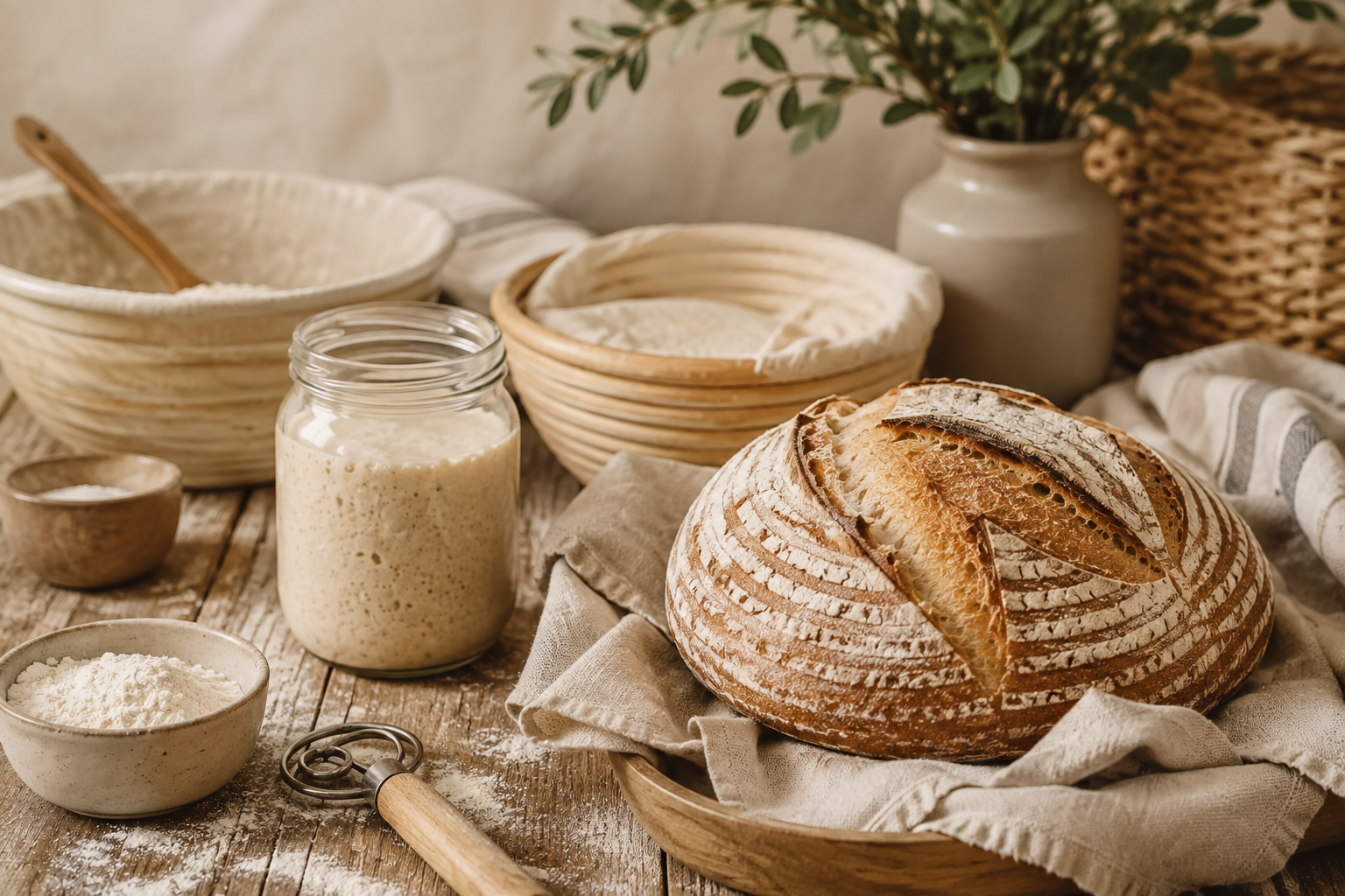 A loaf of rustic bread on a cloth surrounded by bowls of flour, a jar of sourdough starter, and baking tools on a wooden table.