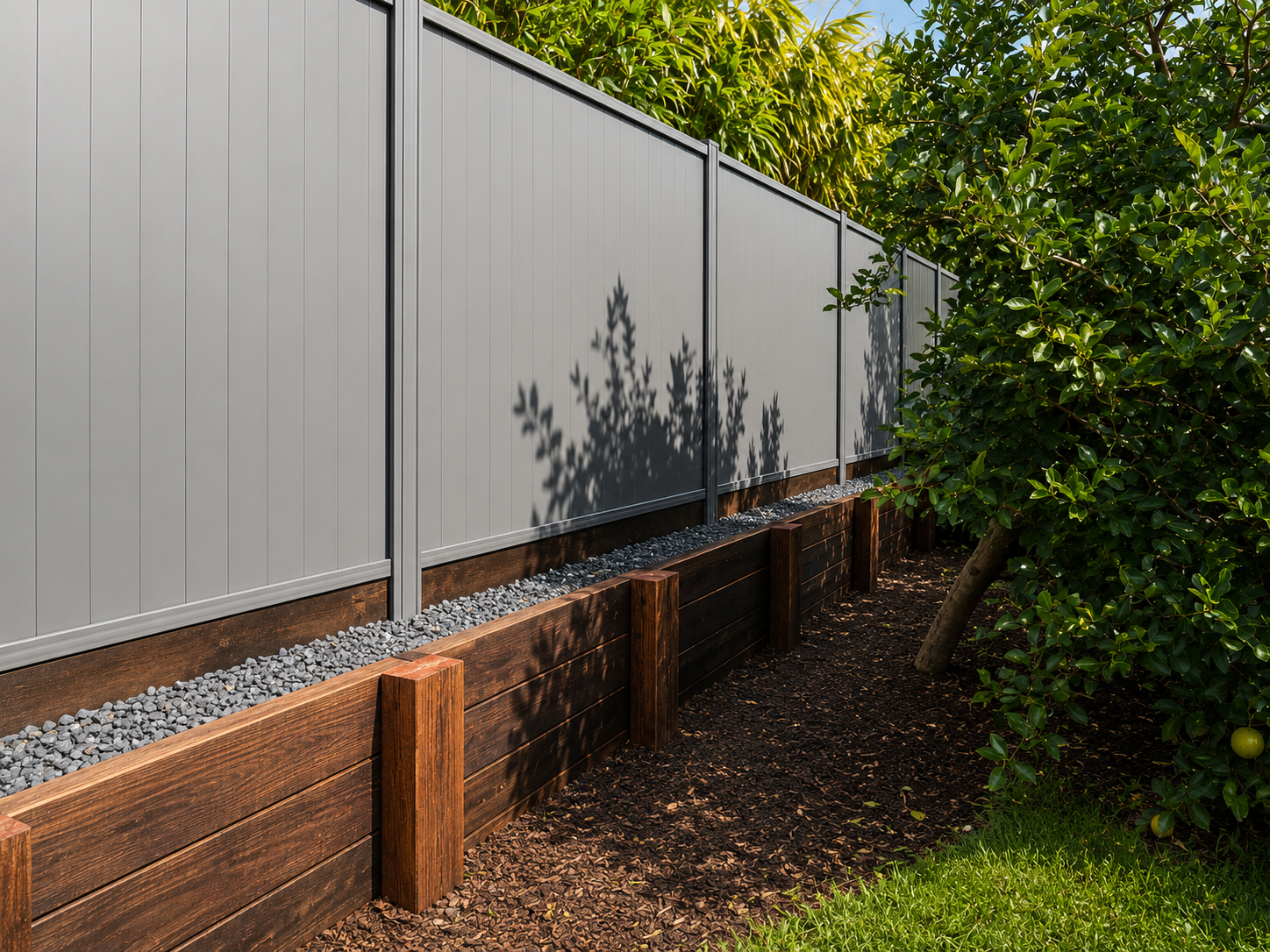 A modern gray privacy fence with shadow of tree leaves, supported by wooden posts, next to a bush with green leaves.
