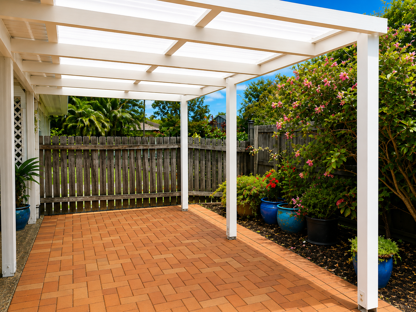 Empty brick patio with potted plants and a white pergola, backyard fenced with wooden privacy fence, lush green trees and pink flowering bushes in the background.