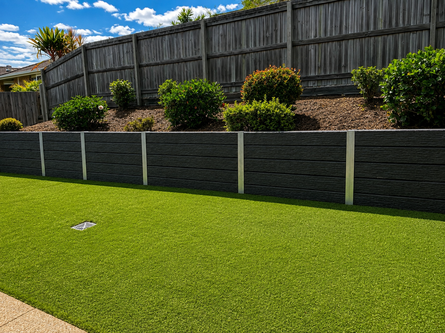 A backyard landscape with a green lawn, a drainage grate, a black wooden fence, and a raised garden bed with bushes and plants behind the fence, under a blue sky with clouds.