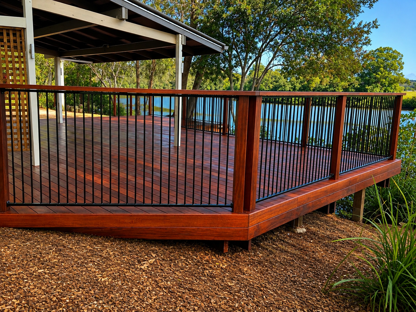 Wooden deck with black metal railing overlooking a lake, surrounded by trees and greenery during daytime.