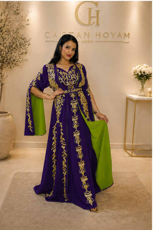 Royal Violet Moroccan Caftan with Gold Embroidery