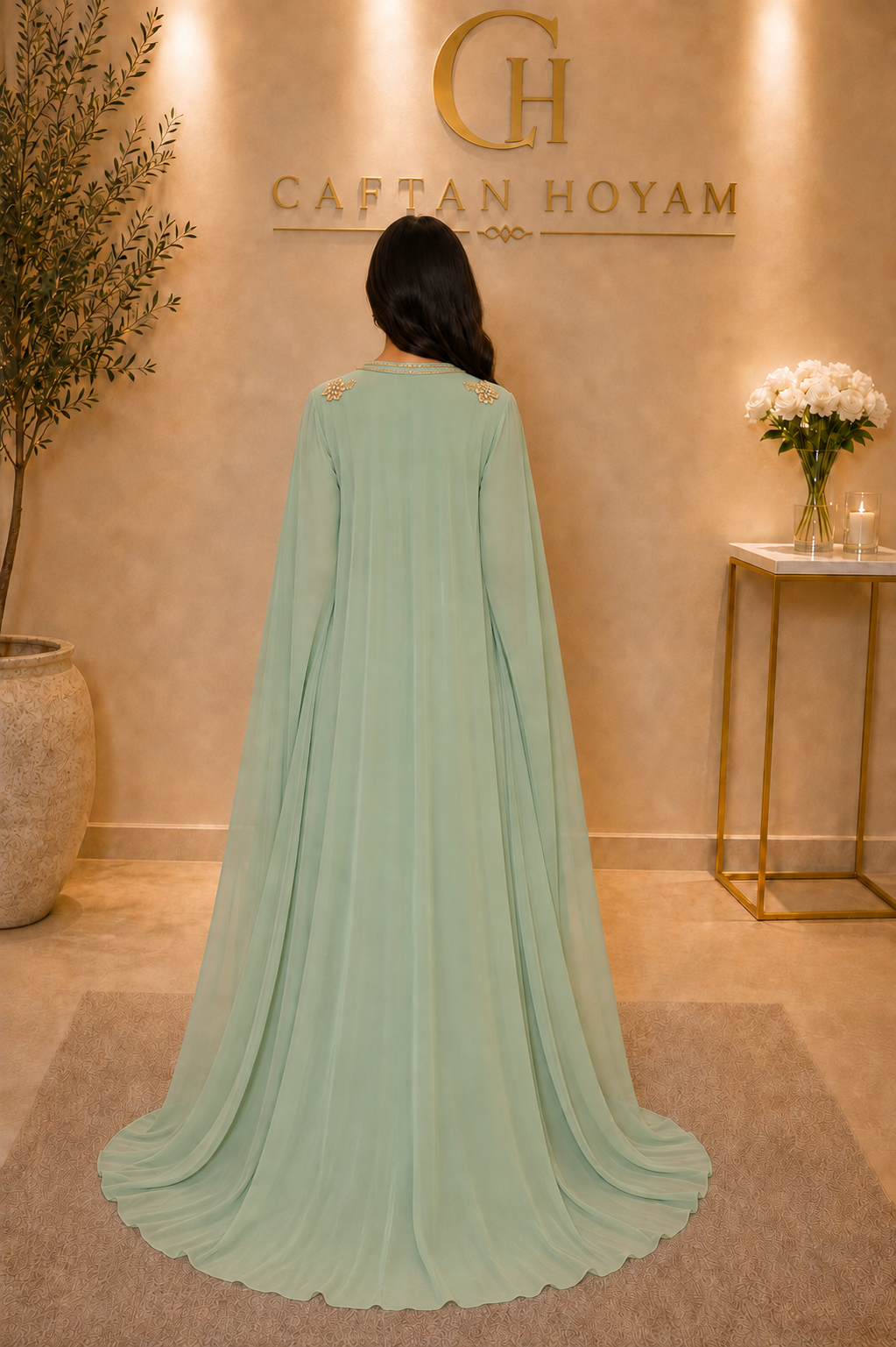 Flowing beltless mint caftan back view.png