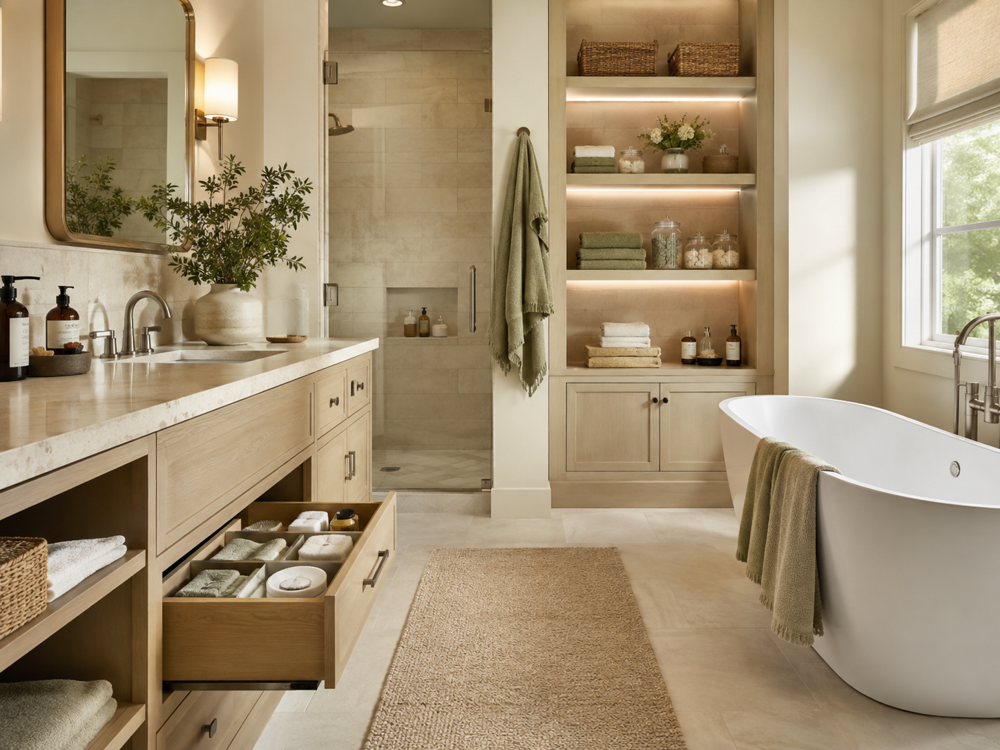 A modern bathroom with a freestanding bathtub near a window, a light wood vanity with a marble countertop and open shelves, a built-in cabinet with shelves filled with towels and decorative jars, and a walk-in shower with glass door.