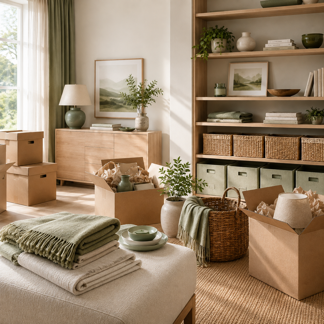 Living room filled with packed moving boxes, a sideboard with a lamp and decorative items, open shelving with books and baskets, cozy blankets, and houseplants, with sunlight coming through a window.