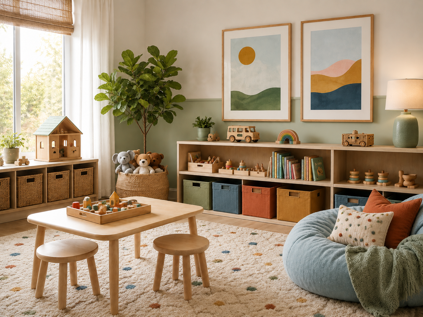 A cozy children's playroom with a large green plant near a window, a wooden table with small stools, a plush blue chair with cushions, and a white bookshelf filled with toys and books. Wall art depicts abstract landscapes and a sun, with natural light streaming in.