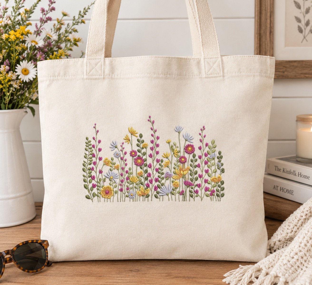 Floral Embroidered Canvas Tote Bag
