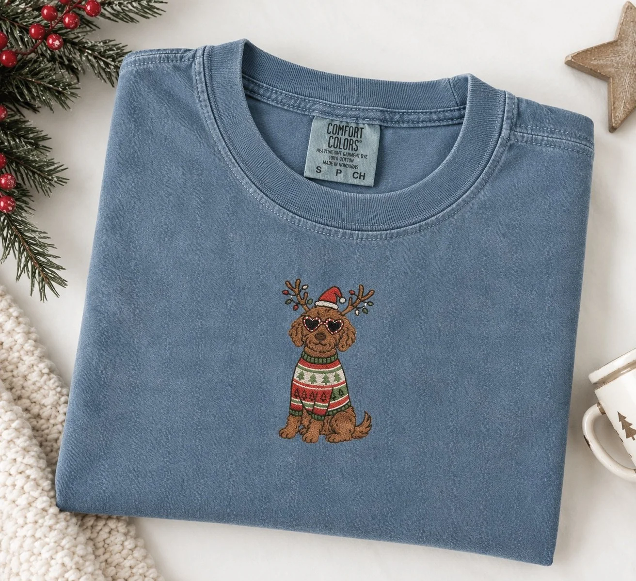 Holiday Dog Embroidered T-Shirt