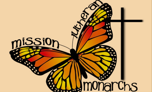 A butterfly with orange, yellow, and black wings alongside text that reads 'mission' 'southern' 'monarchs' and a black cross.