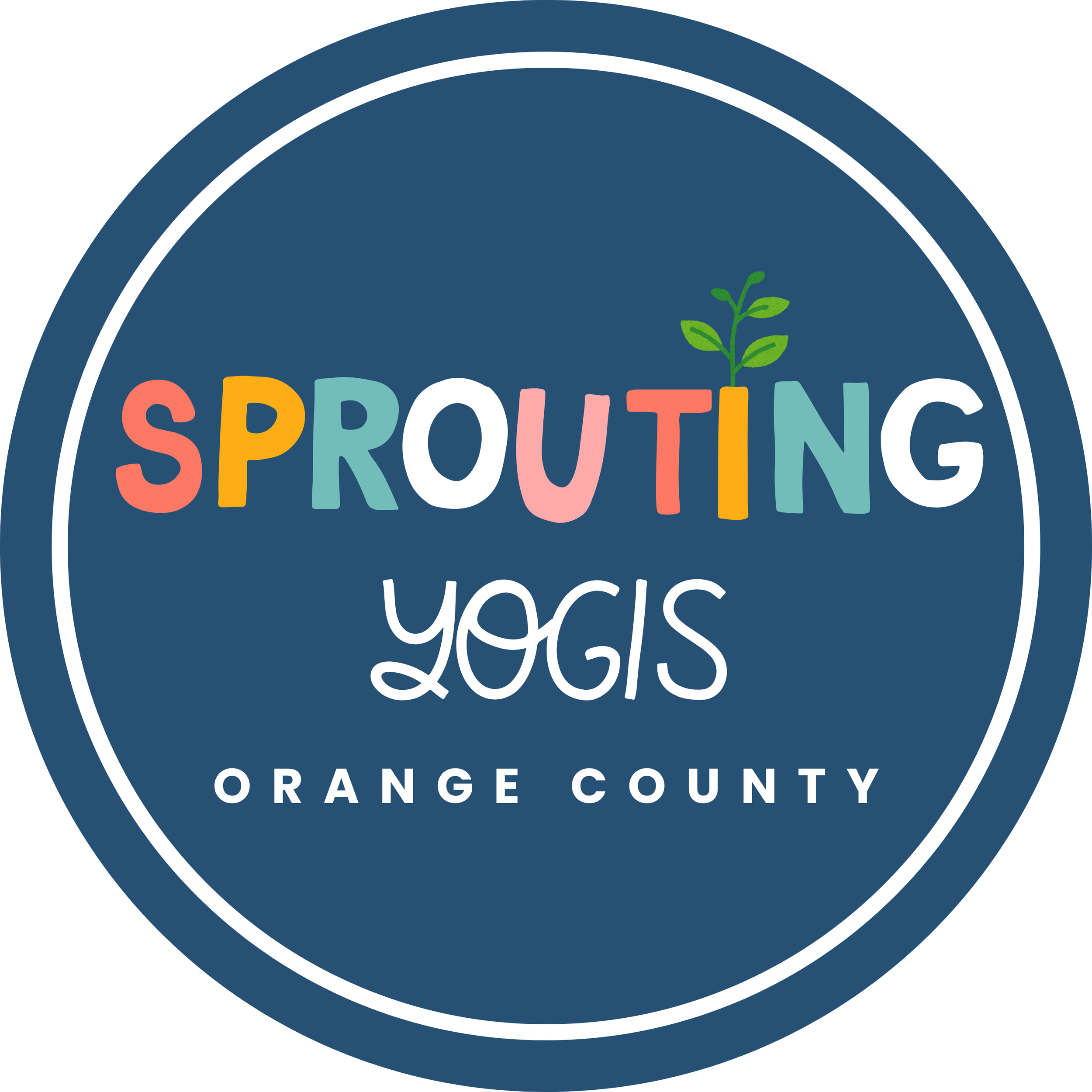A circular logo with a dark blue background and white outline. Inside, the word 'SPROUTING' is written in colorful, playful letters with a small green sprout growing from the letter 'U'. Below, in smaller white letters, it says 'ORANGE COUNTY'.