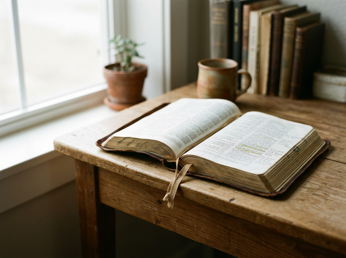 An open Bible on a wooden table near a window with a potted plant, a ceramic mug, and a row of books.
