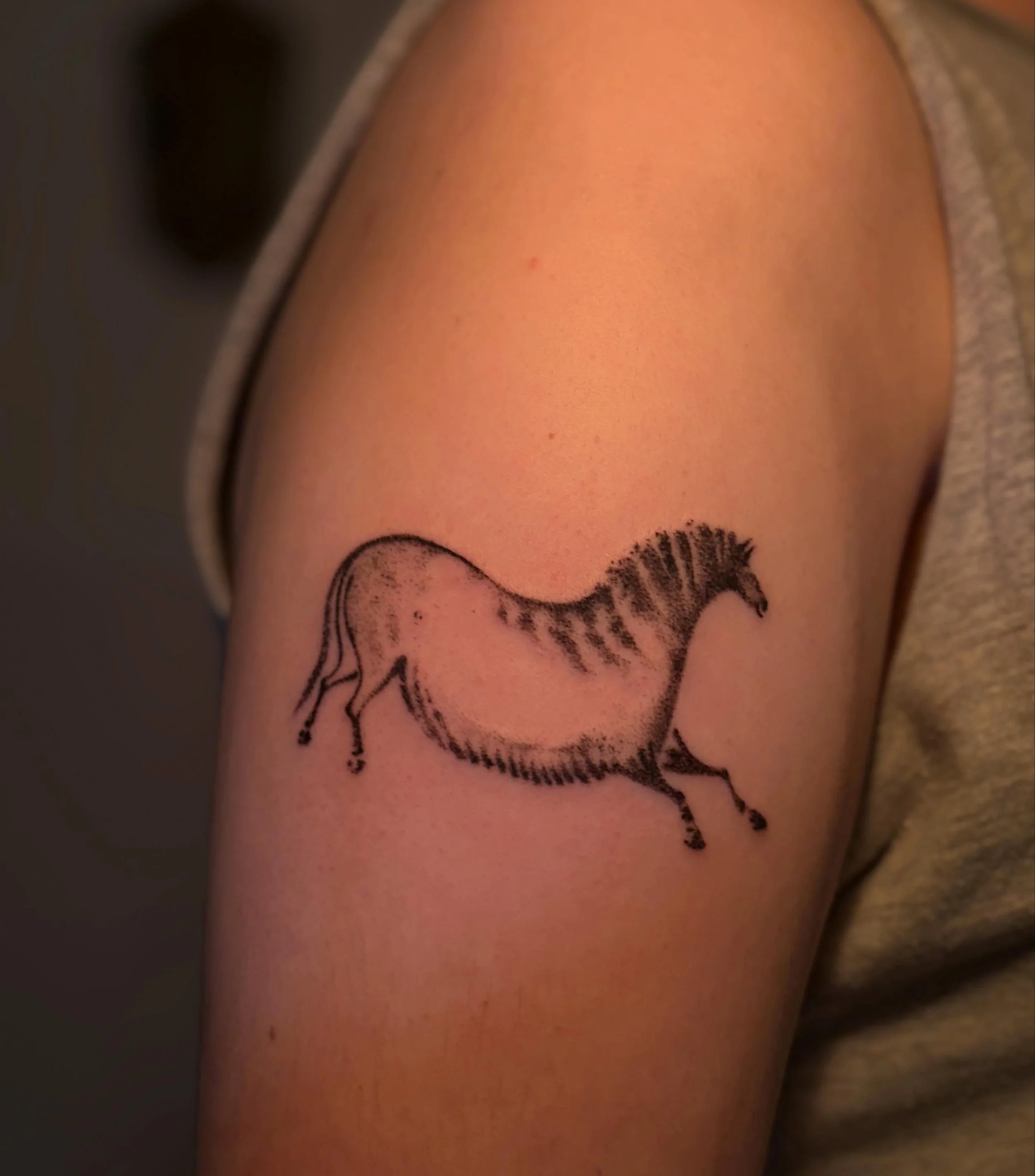 Wow!! A post from @fossilevidence ??? Must be a holiday. 
&bull;
Anyway, here&rsquo;s the cutest little Lascaux cave horse, an adorable first tattoo. Thanks so much for your trust with this piece, Milo! Swipe to see the linocut print they made and br