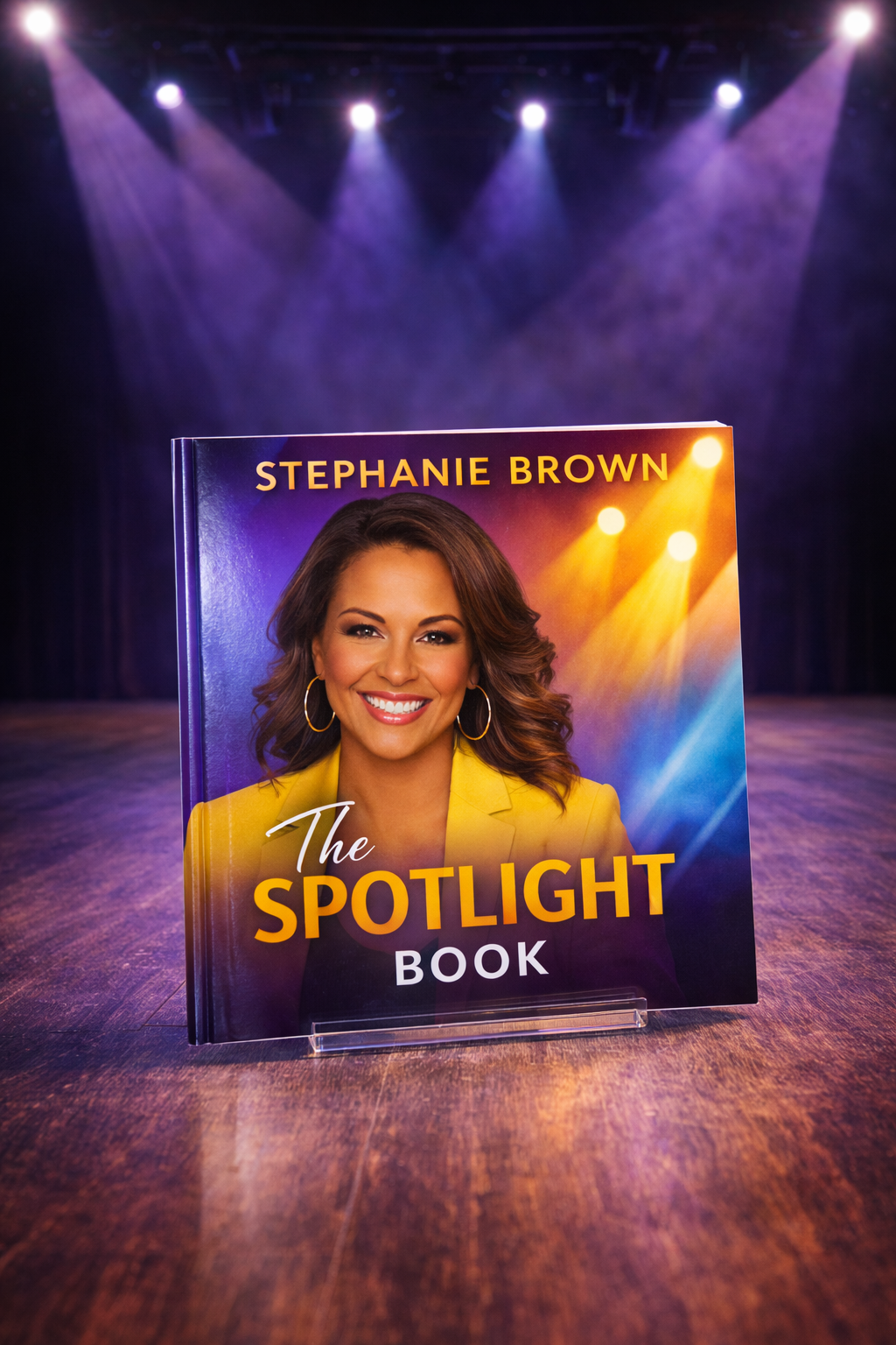 Spotlight Book AI mockup - square book set up and spot lit on a stage with a purple tinted background and a professional woman's headshot on the cover