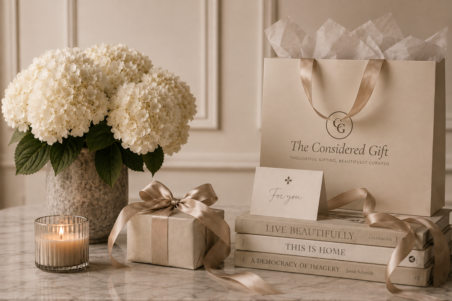 A white hydrangea flower in a textured beige vase, a lit candle in a glass holder, a small wrapped gift with a satin ribbon, a stack of books with neutral covers, a gift bag with tissue paper, and a card with the words 'For you' on a marble surface.