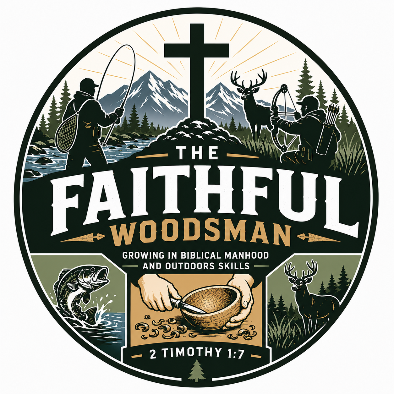 A circular graphic featuring two men fishing in a natural outdoor setting with mountains, trees, and a river, a stag, a fishing scene with a fish, and biblical references, with the text 'The Faithful Woodsman, Growing in Biblical Manhood and Outdoors Skills, 2 Timothy 1:7.'