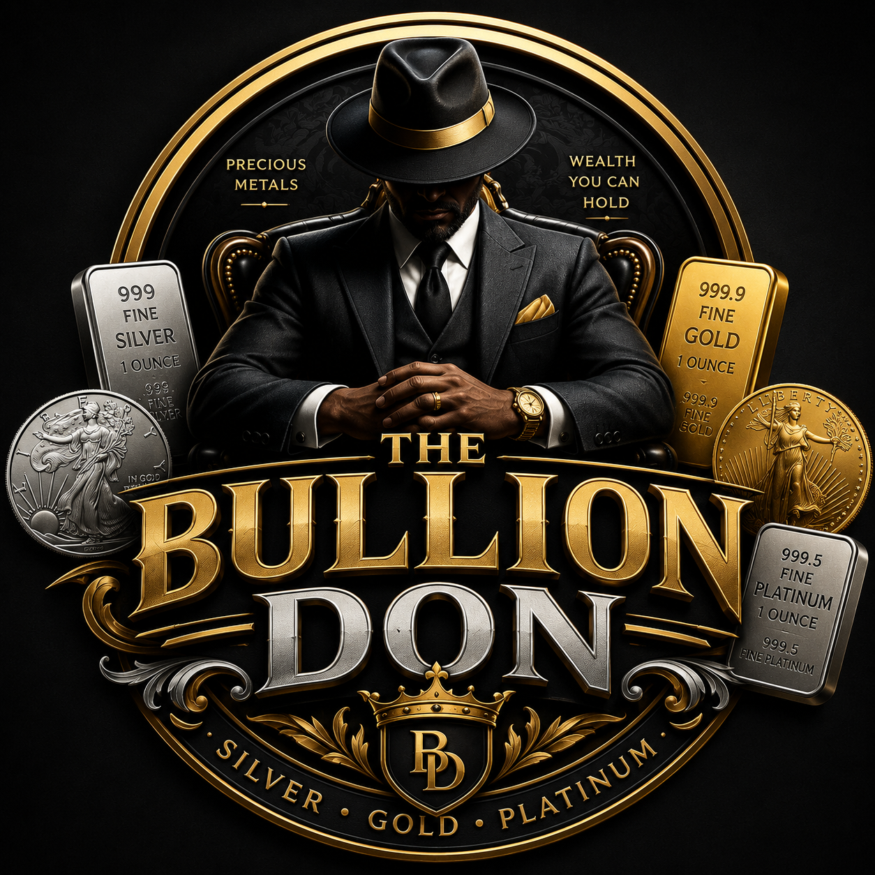 A man in a suit and hat sits with clasped hands surrounded by gold and silver bullion, including silver and gold bars and coins, with the title "The Bullion Don" in gold and silver lettering.