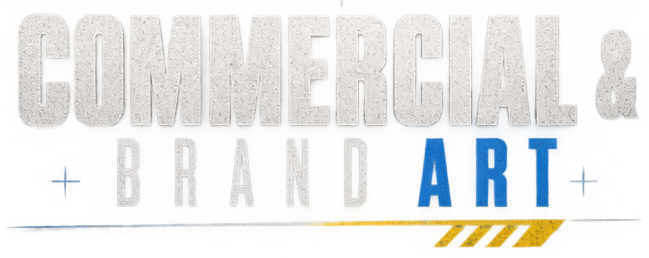 Text on a wall reads 'Commercial & Brand Art' with a gray background.