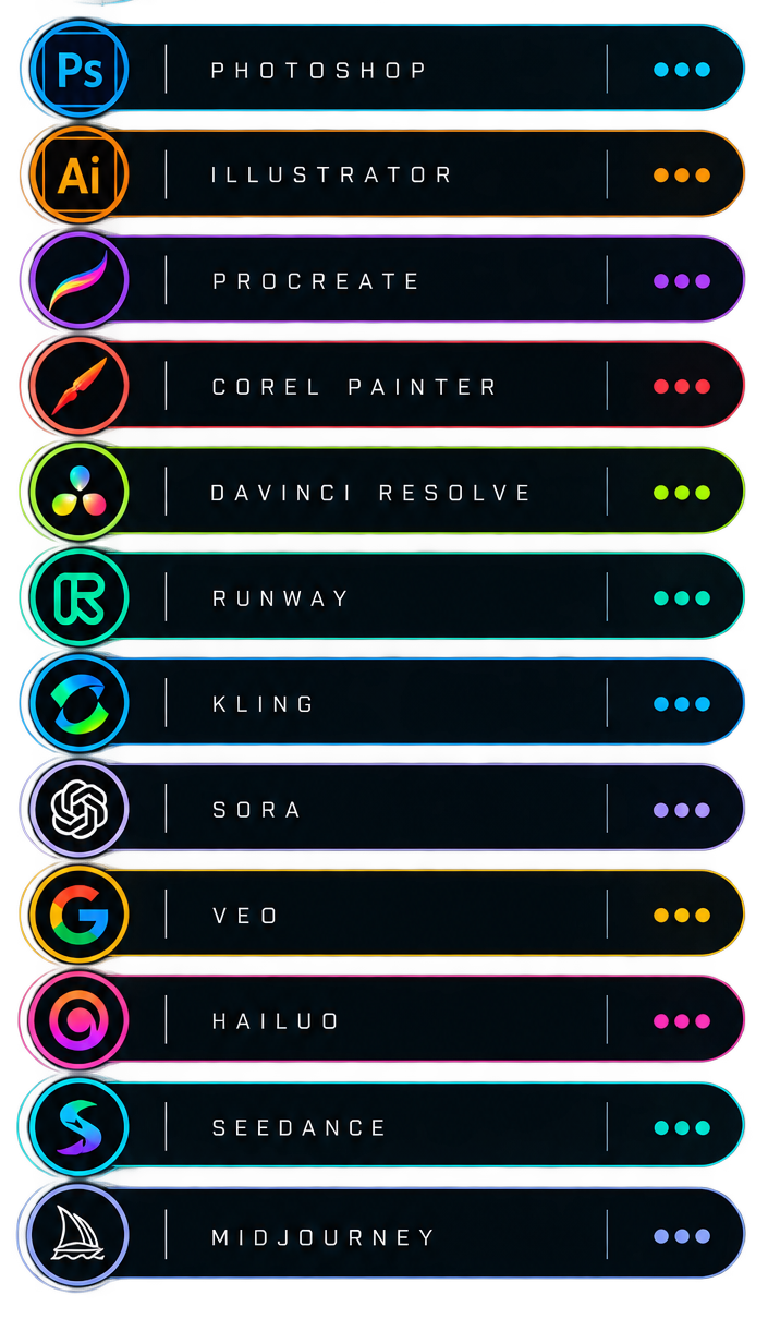 A colorful infographic listing various design and creative software programs, including Adobe Photoshop, Adobe Illustrator, Procreate, Corel Painter, DaVinci Resolve, Runway, Kling, Sora, VEO, Hailuo, Seedance, and Midjourney.