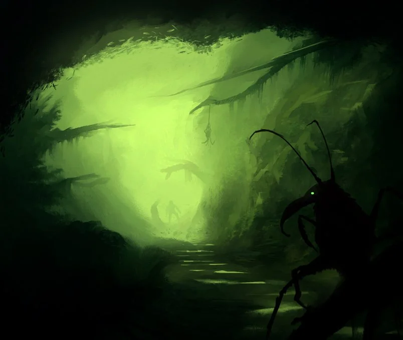 A dark, eerie forest with glowing green light illuminating the cave-like scene. Silhouettes of a large insect with glowing eyes in the foreground and humanoid figures in the background.
