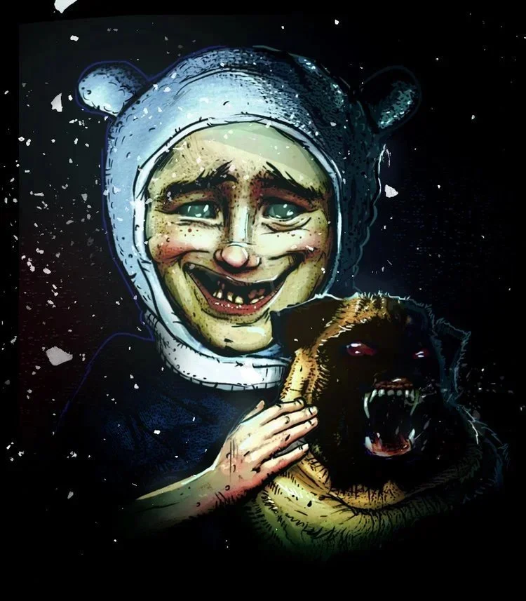 A person dressed in a bear costume with a cartoonish face, smiling and holding a fierce-looking dog with bared teeth and glowing red eyes.