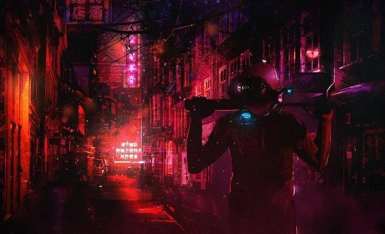 A person in a futuristic helmet and armor holding a sword, standing in a neon-lit city street at night with pink and purple lights illuminating tall buildings and signs.
