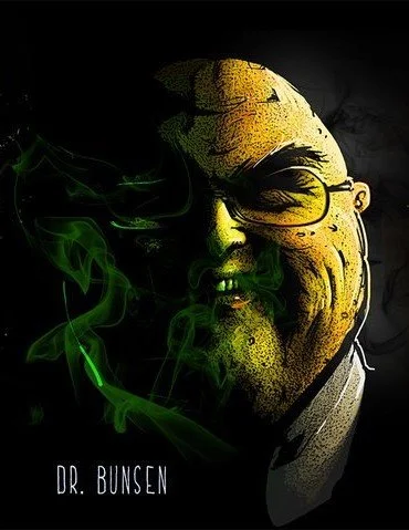 A stylized illustration of a smiling man with glasses, with green smoke or vapor nearby, and his face partially shaded, labeled 'Dr. Bunsen'.