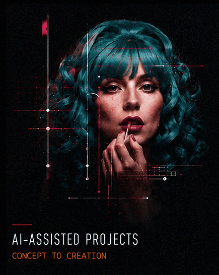 A woman with blue curly hair applying lipstick, surrounded by digital graphic overlays, on a dark background. Text reads 'AI-assisted projects: concept to creation'.